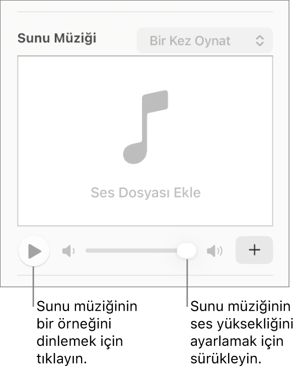 Oynat düğmesi ve belirtilen bir ses yüksekliği sürgüsü ile Film Müziği denetimleri.