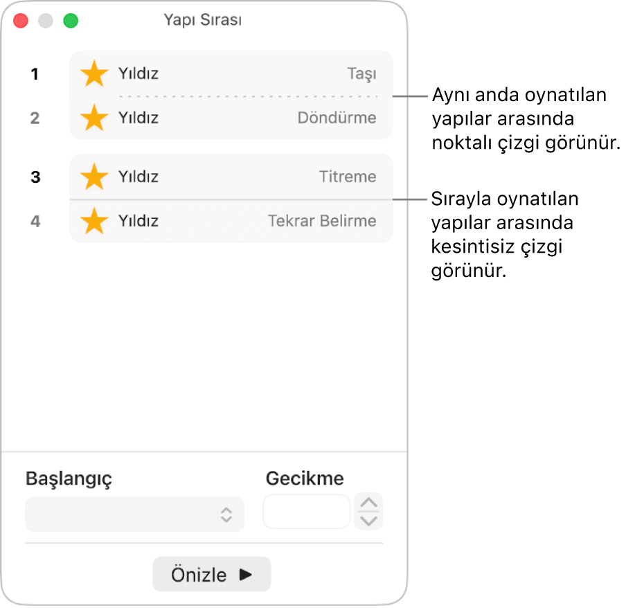 Yapı Sırası menüsü, eşzamanlı oynatılan yapılar arasında görünen noktalı bir çizgi ve tek tek oynatılan yapılar arasında düz bir çizgi ile.