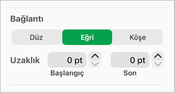 Eğri seçili olan Bağlantı denetimleri.