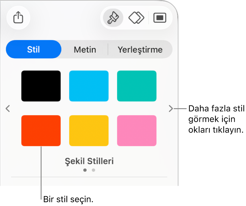 Solunda ve sağında dolaşma okları olmak üzere altı nesne stiliyle Biçim kenar çubuğunun Stil sekmesi.