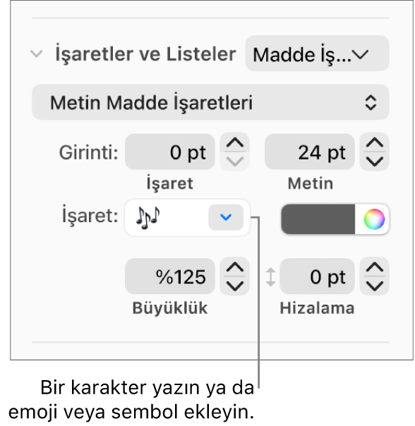 Biçim kenar çubuğunun Madde İşaretleri ve Listeler bölümü. Madde İşareti alanı bir çiçek emojisi gösterir.
