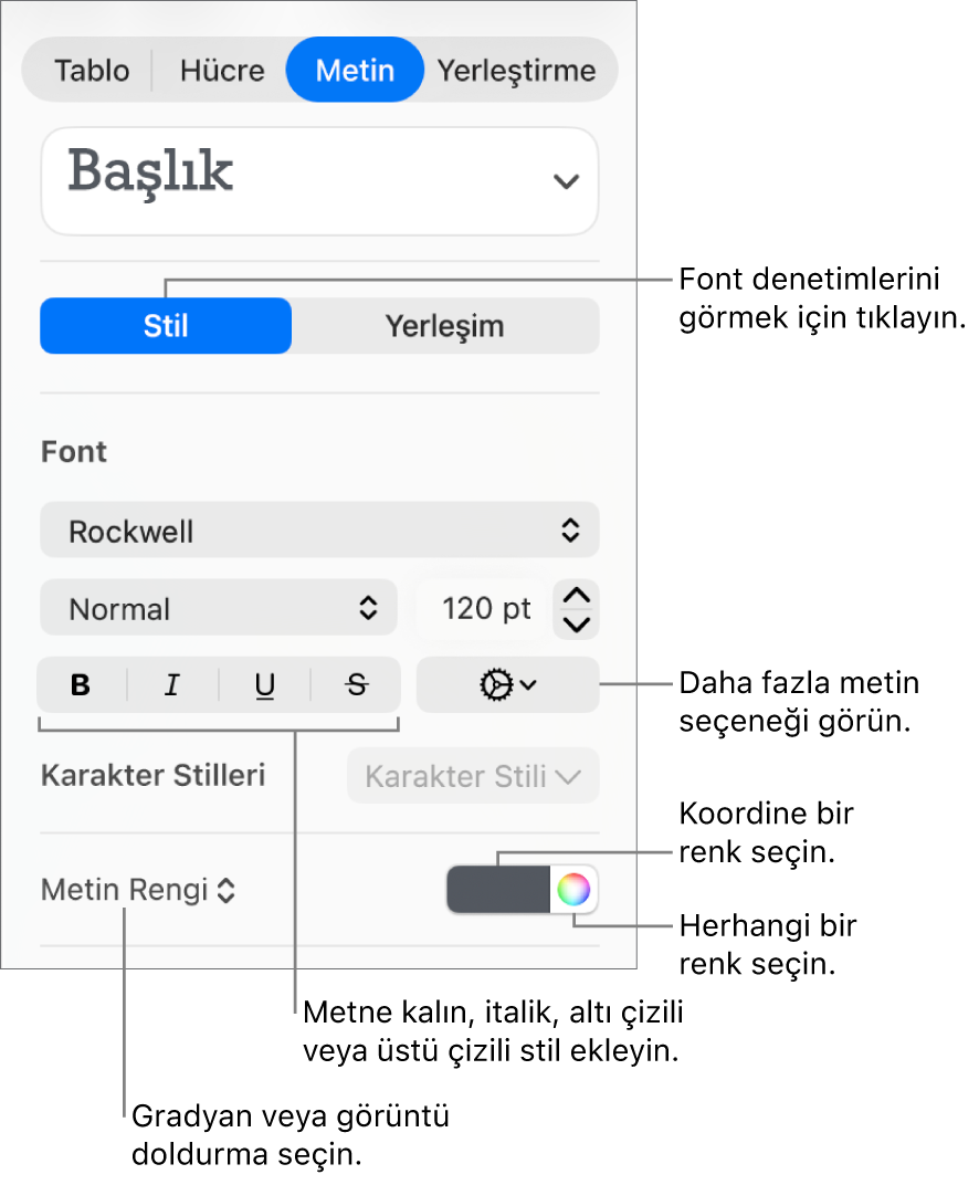 Tablo metnine stil ekleme denetimleri.