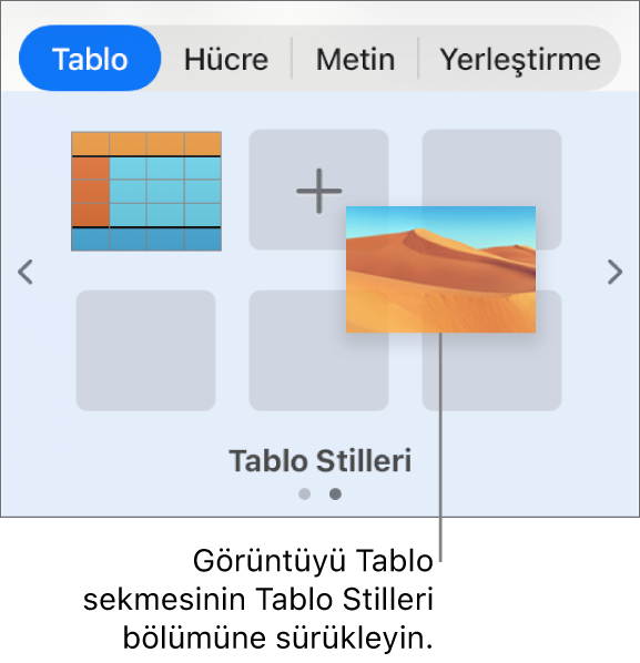 Tablo stillerine bir görüntü sürüklediğinizde yeni bir stil yaratılır.