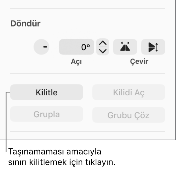 Döndür, Kilitle, ve Grupla nesne denetimleri, Kilitle düğmesi belirtilmiş.