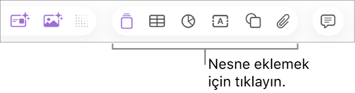 Bir slayta nesne eklemek için kullanılan düğmeleri gösteren Keynote araç çubuğu.