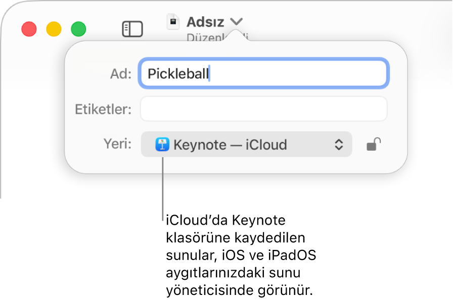 Yer açılır menüsünde Keynote—iCloud olan bir sunu için Kaydet sorgu kutusu.