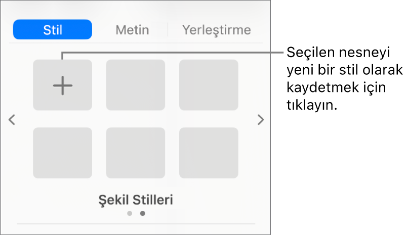 Bir metin kutusu stili, onun sağında Stil Yarat düğmesi ve dört boş stil yer tutucusuyla Biçim kenar çubuğunun Stil sekmesi.