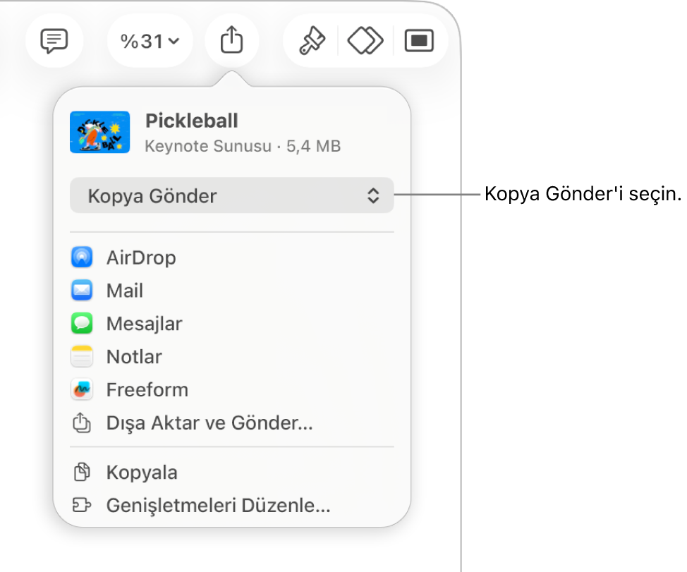Paylaş menüsü, en üstte Kopya Gönder seçili.