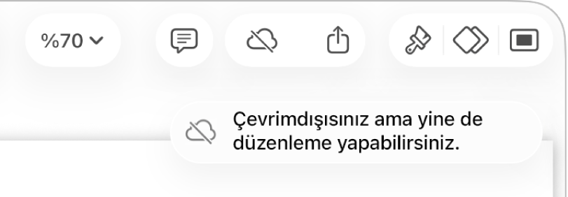 Ekranın en üstündeki düğmeler; Ortak Çalışma düğmesi, üzerinde çapraz bir çizgi olan bir buluta değişmiş. Ekrandaki bir uyarı “Çevrimdışısınız ama yine de düzenleyebilirsiniz” der.