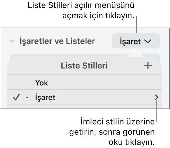 Tek stil seçili ve en sağında bir ok ile Liste Stilleri açılır menüsü.