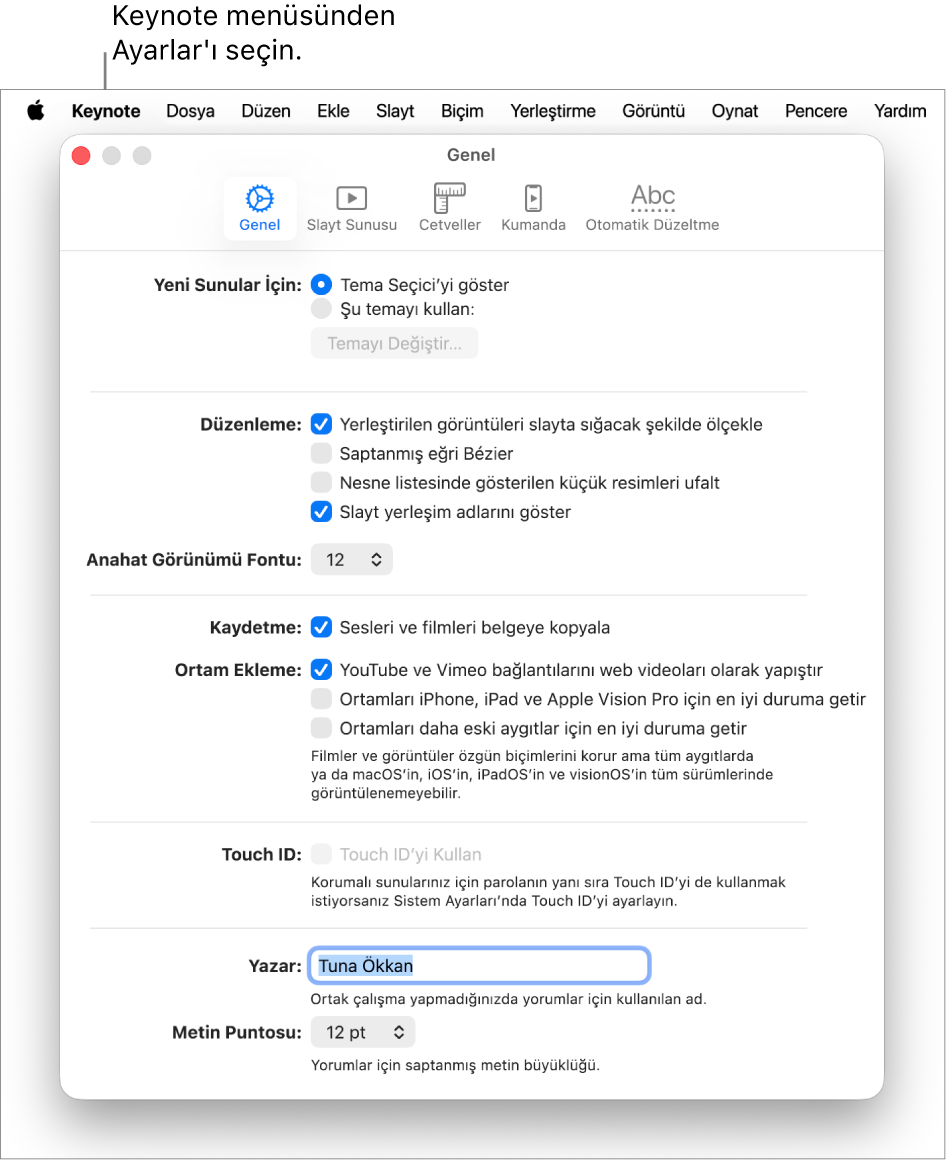 Keynote ayarları penceresinde Genel bölümü açık.