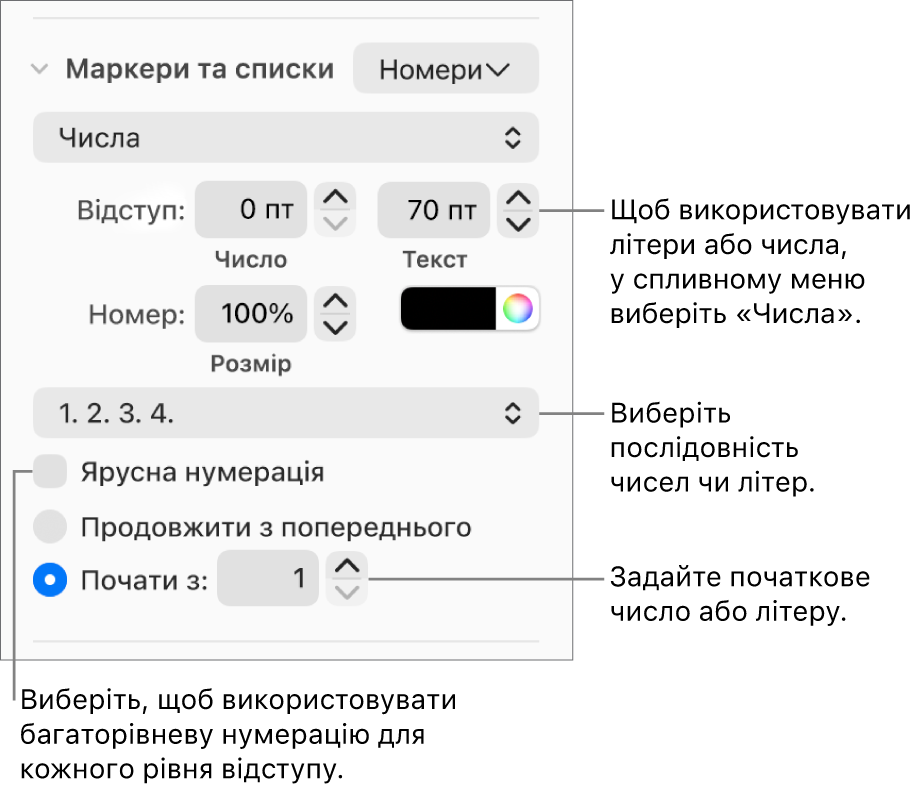Елементи керування стилем нумерації та інтервалами в списку.