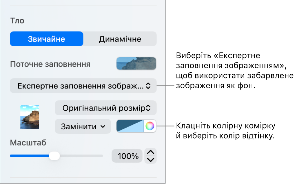 Елементи керування тлом: тлом слайда вибрано затемнений параметр «Експертне заповнення зображенням».