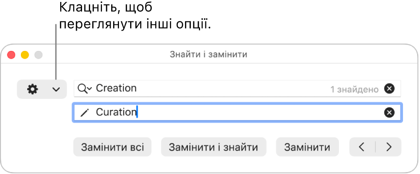 Вікно «Пошук і заміна» з виноскою на спливне меню, яке містить додаткові опції.