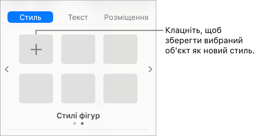 Вкладка «Стиль» на бічній панелі «Формат», один стиль текстового поля, кнопка «Створити стиль» справа, чотири пусті зразки стилю.