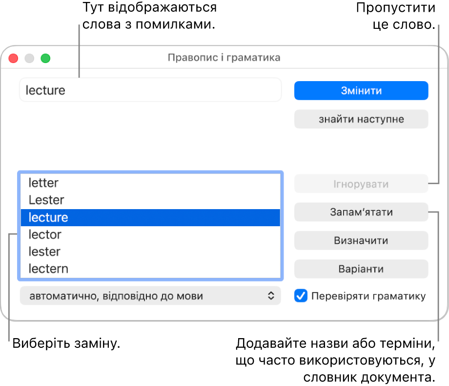 Вікно «Правопис і граматика».