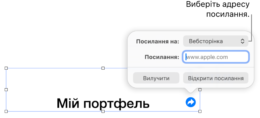 Елементи керування редактора посилань із вибраною вебсторінкою та кнопками «Вилучити» й «Відкрити посилання» внизу.