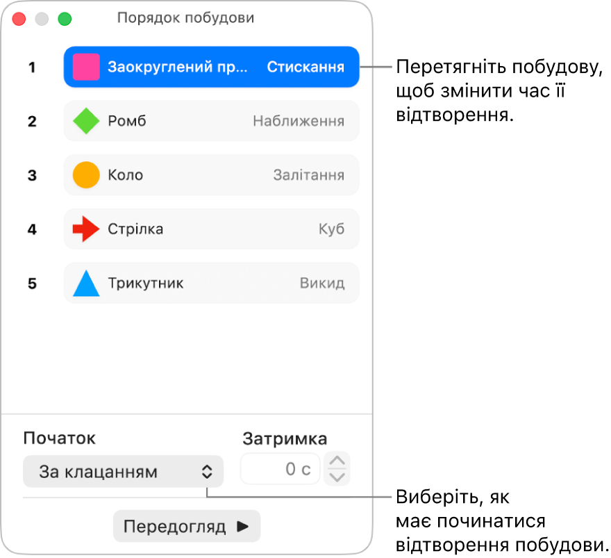 Вікно «Порядок побудови».