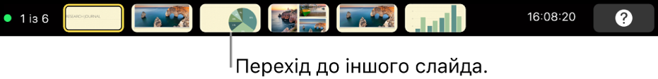 Панель Touch Bar у MacBook Pro з елементами керування презентацією для входу в презентацію, переходу між слайдами і перемикання дисплея доповідача.