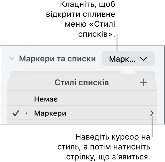Спливне меню «Стилі списків» з одним вибраним стилем і стрілкою справа від нього.