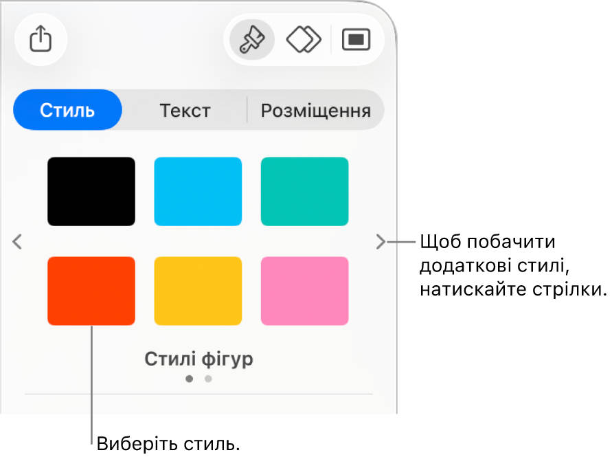 Вкладка «Стиль» на бічній панелі «Формат», шість стилів обʼєктів і стрілки навігації зліва і справа.