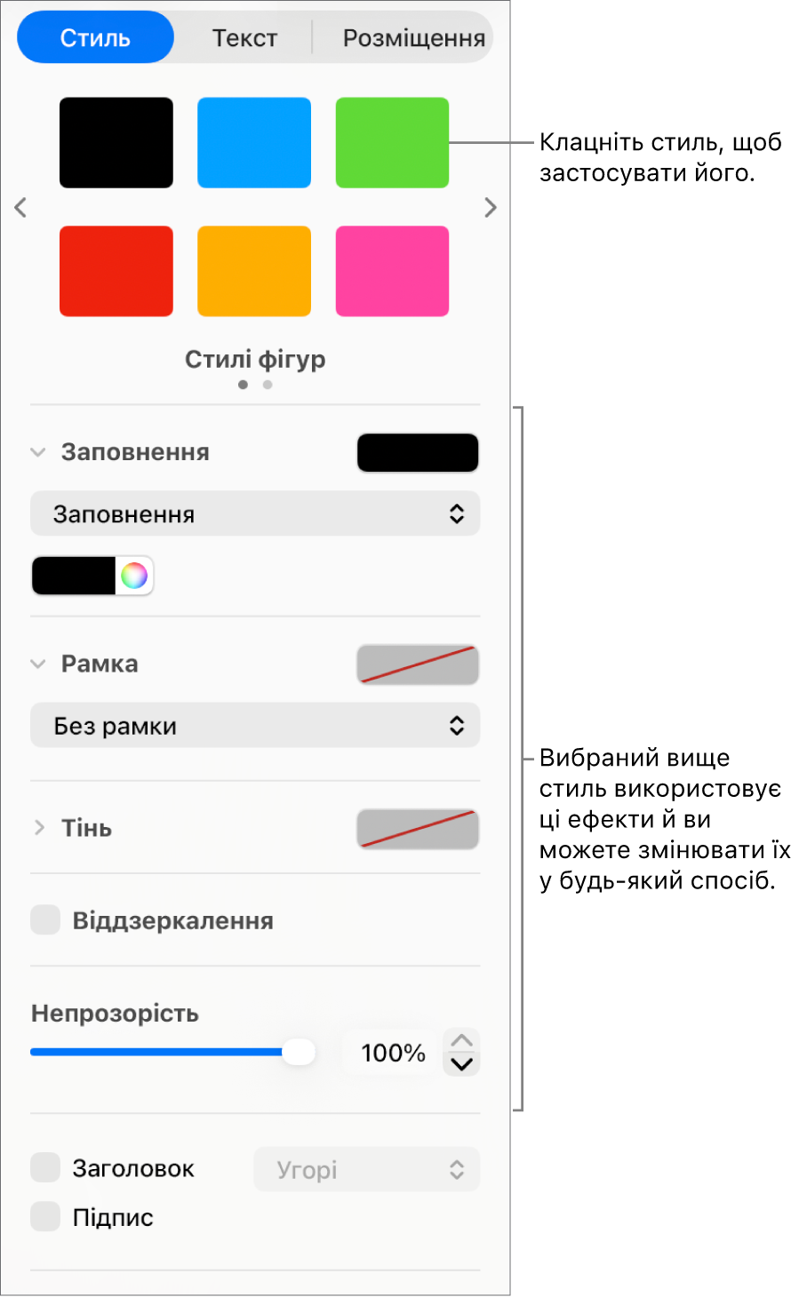 Стилі та опції фігур у розділі «Формат» на бічній панелі.