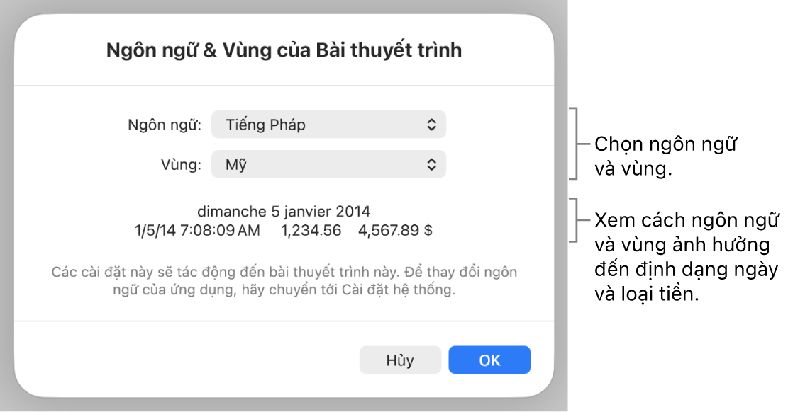 Khung Ngôn ngữ & Vùng với các điều khiển cho ngôn ngữ và vùng và ví dụ về định dạng bao gồm ngày, giờ, phần thập phân và loại tiền.