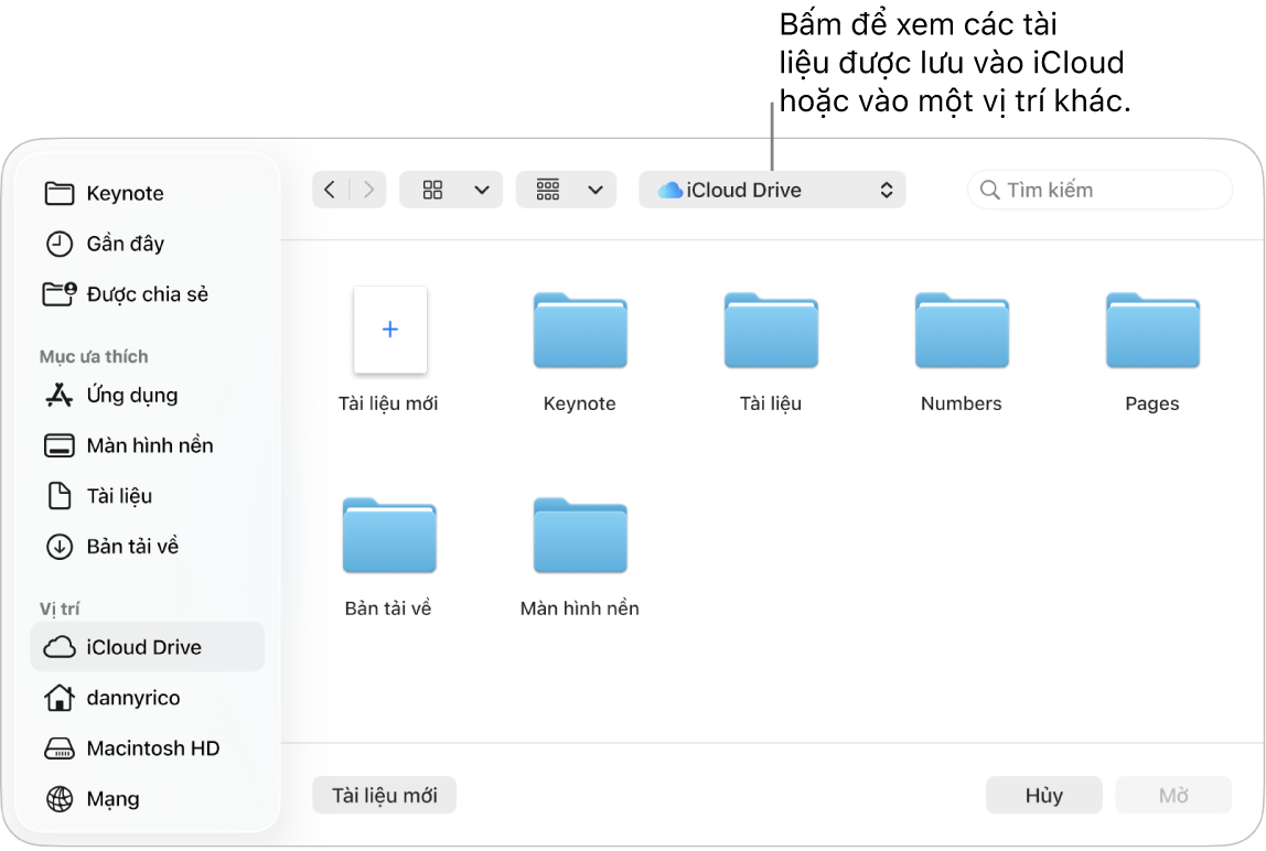 Hộp thoại Mở với thanh bên mở ở bên trái và iCloud Drive được chọn trong menu bật lên ở đầu. Các thư mục cho Keynote, Numbers và Pages xuất hiện trong hộp thoại, cùng với nút Tài liệu mới.