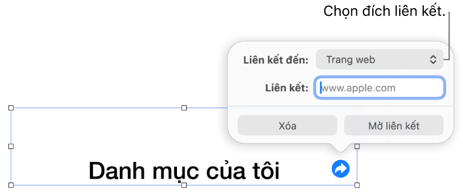 Các điều khiển của trình sửa liên kết với Trang web được chọn và các nút Xóa và Mở liên kết nằm ở cuối.