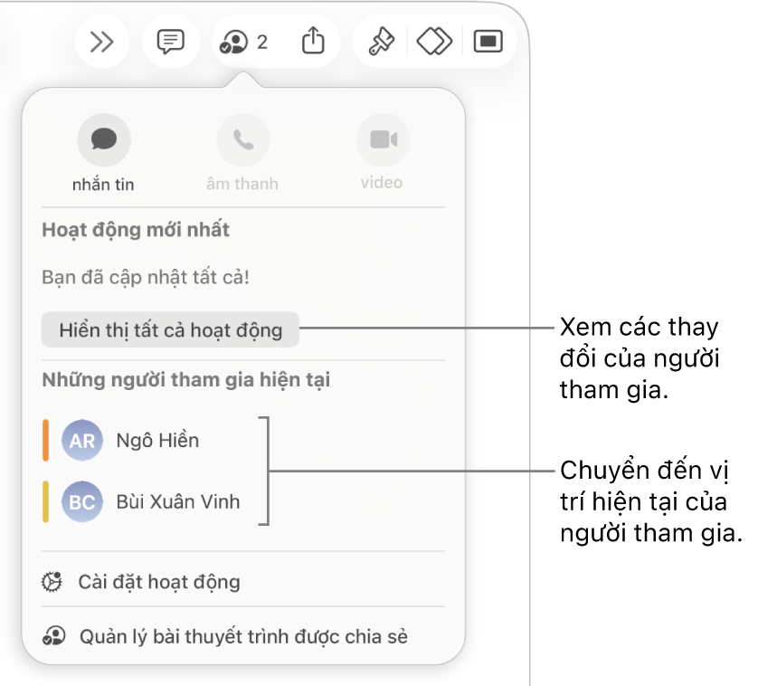 Menu cộng tác có hai người tham gia hiện tại được liệt kê.