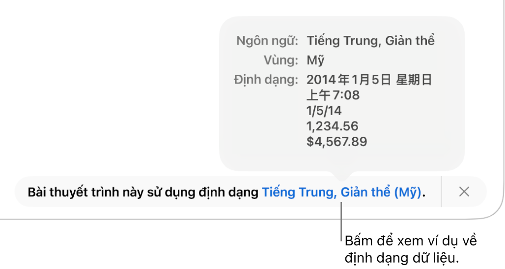 Thông báo về cài đặt ngôn ngữ và vùng khác, đang hiển thị các ví dụ về định dạng trong ngôn ngữ và vùng đó.