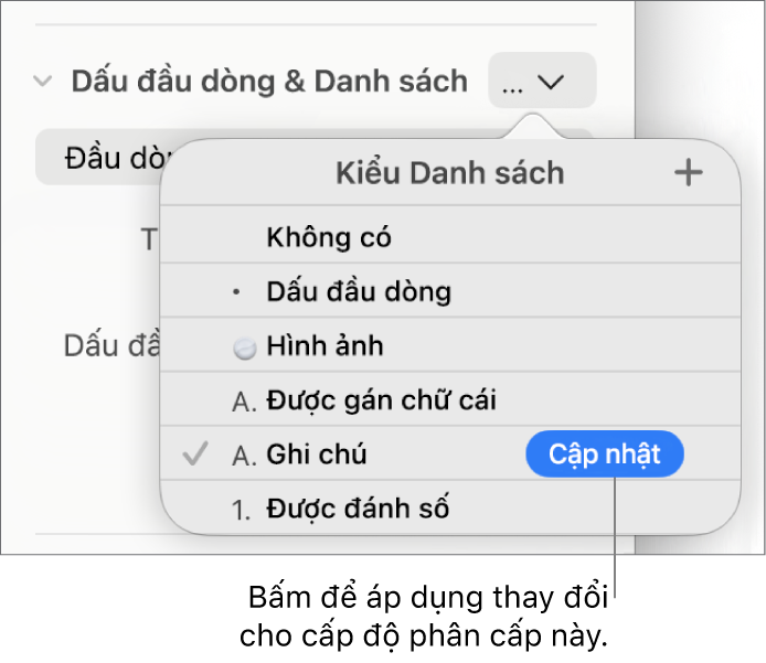 Menu bật lên Kiểu danh sách có nút Cập nhật bên cạnh tên của kiểu mới.