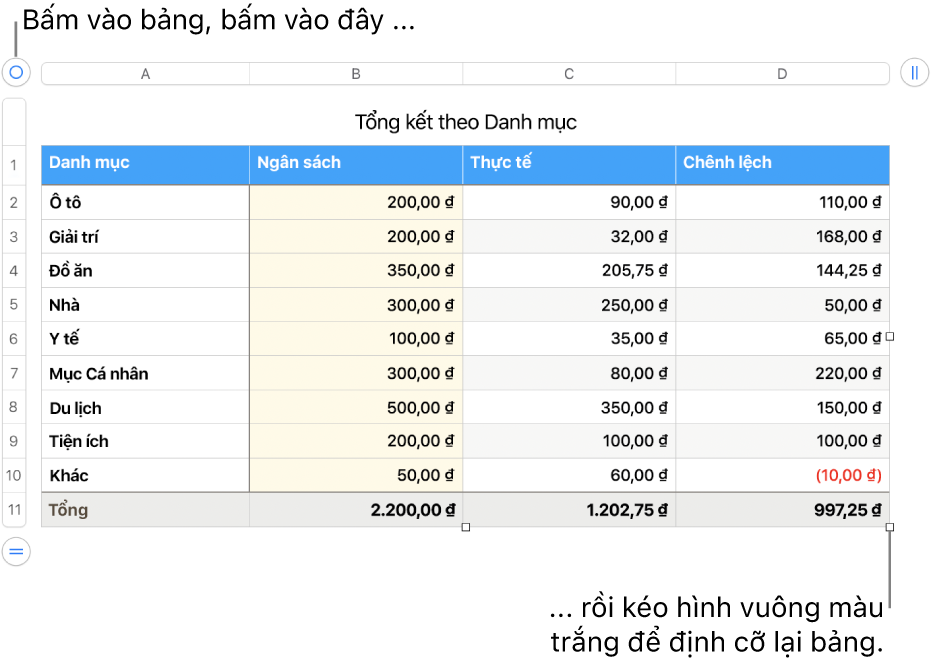 Một bảng được chọn có các hình vuông màu trắng để định cỡ lại.