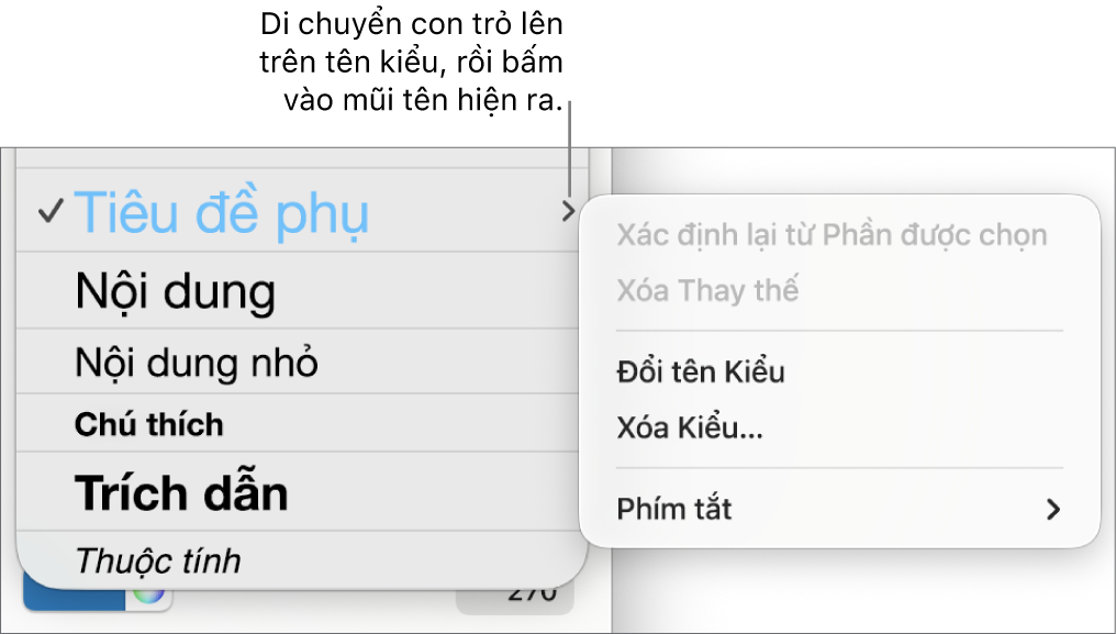Menu Kiểu đoạn với menu phím tắt mở.