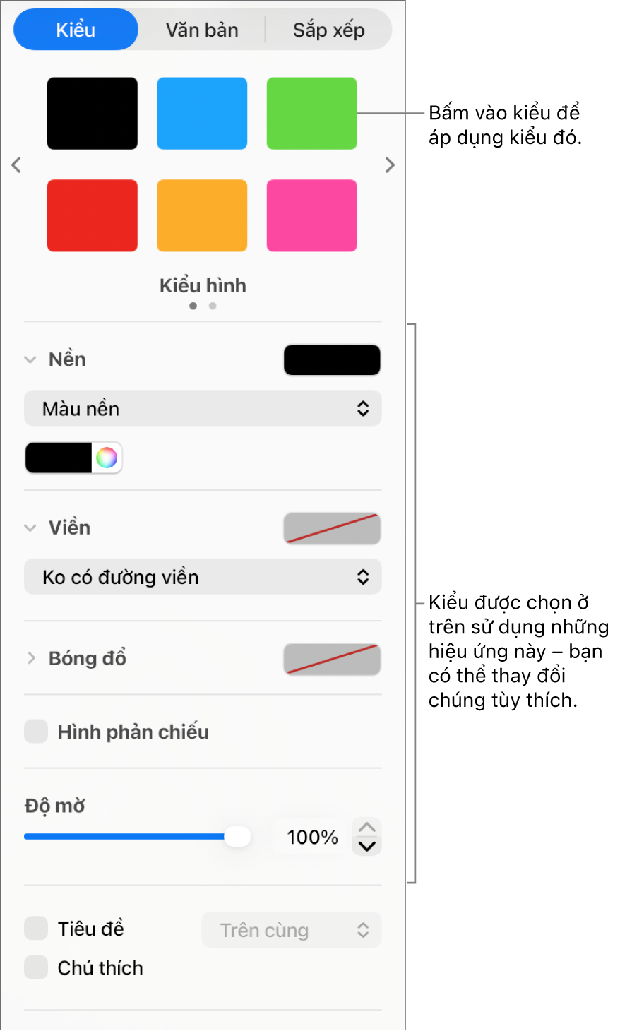 Tùy chọn và kiểu Hình trong phần Định dạng của thanh bên.