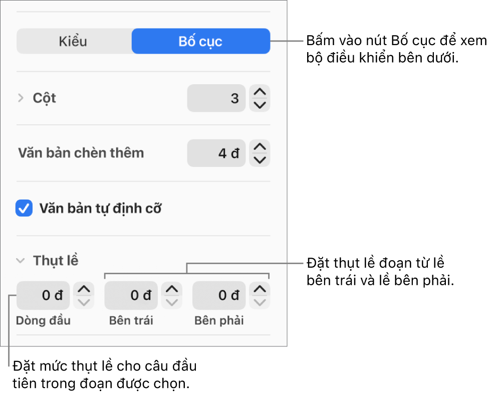 Phần Bố cục của thanh bên Định dạng hiển thị các điều khiển để đặt thụt lề dòng đầu tiên và lề đoạn.