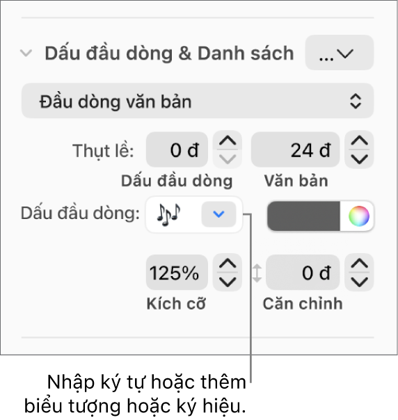 Phần Dấu đầu dòng & Danh sách của thanh bên Định dạng. Trường Đầu dòng hiển thị một biểu tượng bông hoa.