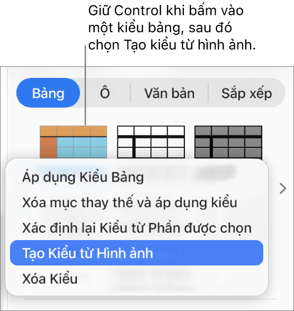 Menu phím tắt kiểu bảng.