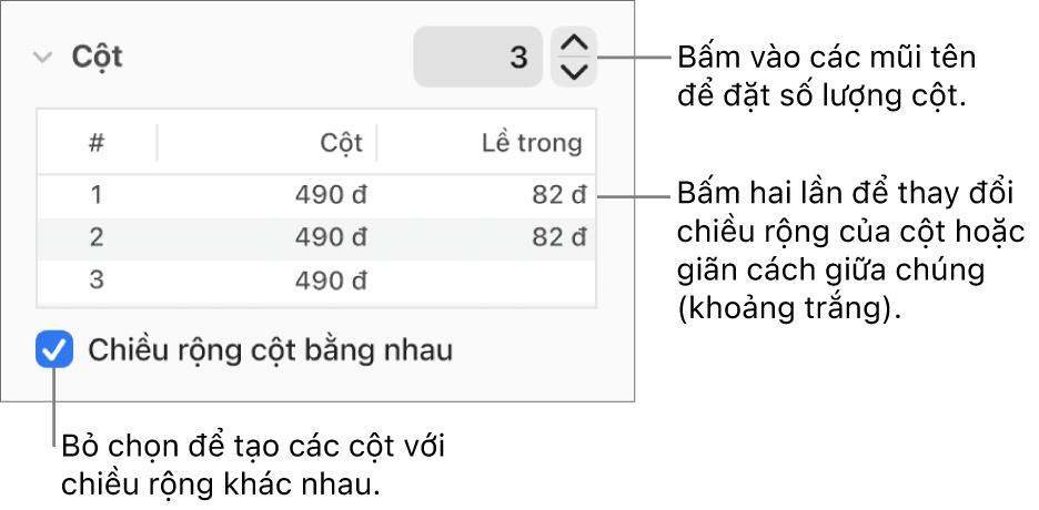 Các điều khiển trong phần cột để thay đổi số lượng cột và chiều rộng của từng cột.