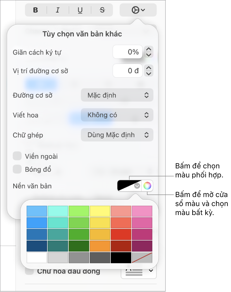 Các điều khiển để chọn màu nền cho văn bản.