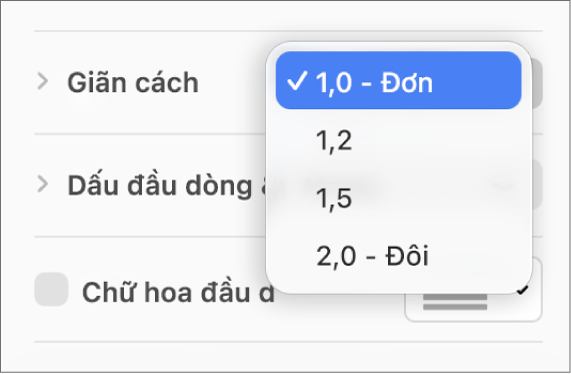 Menu bật lên Giãn cách với Đơn, Đôi và các tùy chọn khác.