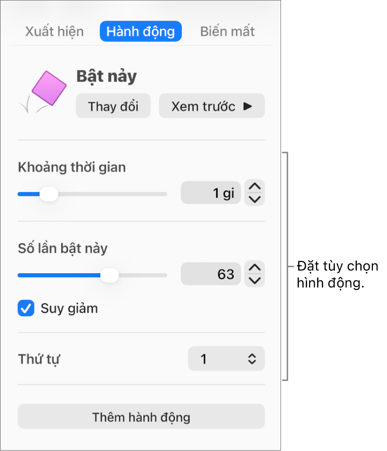 Các điều khiển Tác vụ trong phần Hiệu ứng của thanh bên.