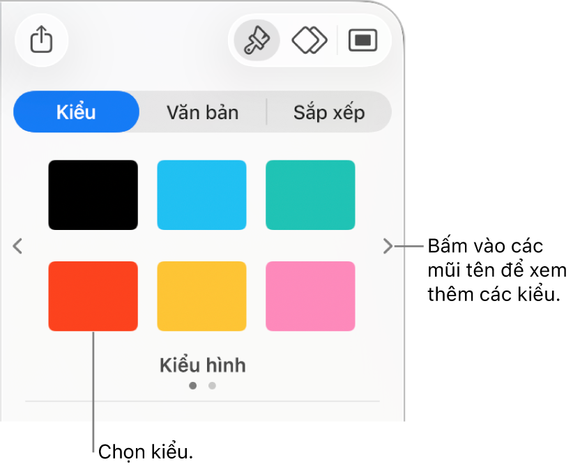 Tab Kiểu của thanh bên Định dạng với sáu kiểu đối tượng và các mũi tên điều hướng ở bên trái và bên phải.