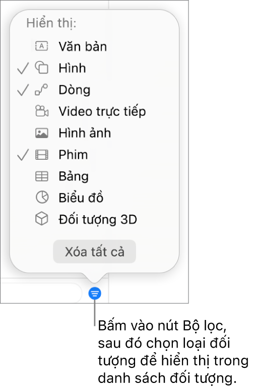 Menu bật lên Bộ lọc, với một danh sách các loại đối tượng mà danh sách có thể bao gồm (văn bản, hình, đường, hình ảnh, phim và biểu đồ).
