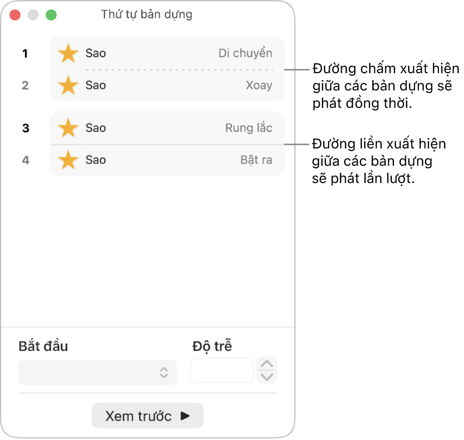Menu Thứ tự dựng, với đường nét chấm đang xuất hiện giữa các bản dựng phát đồng thời và đường nét liền giữa các bản dựng sẽ phát lần lượt.
