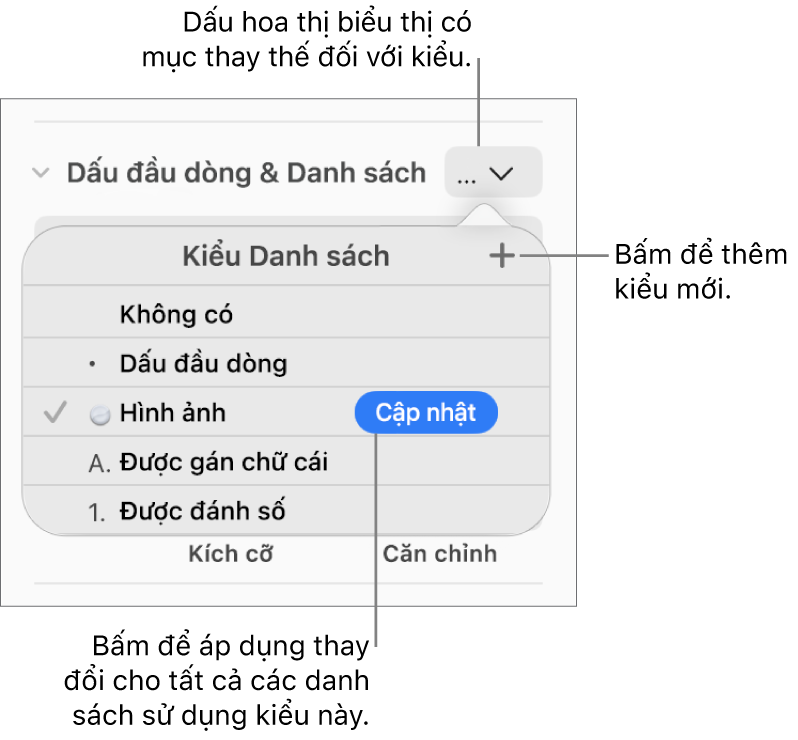 Menu bật lên Kiểu danh sách với dấu hoa thị biểu thị giá trị thay thế, chú thích đến nút Kiểu mới và menu con chứa các tùy chọn quản lý kiểu.