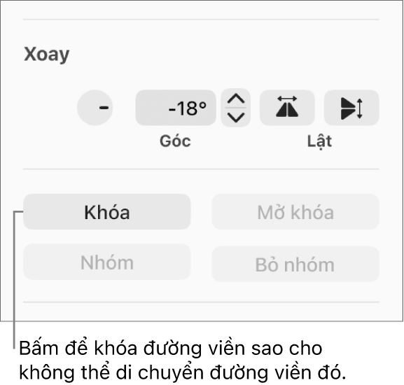 Các điều khiển Xoay, Khóa và Nhóm đối tượng với nút Khóa được gọi ra.