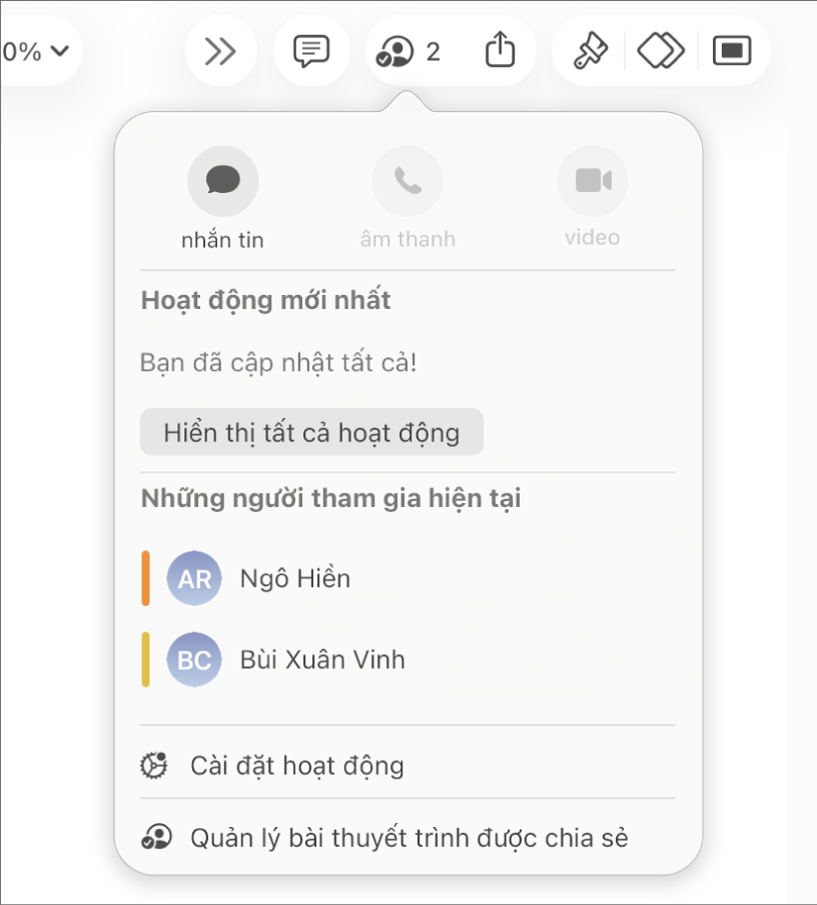 Menu cộng tác đang hiển thị tên của những người đang cộng tác trên bài thuyết trình.