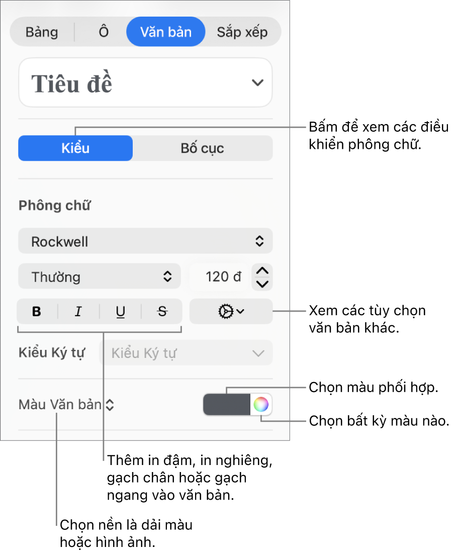 Các điều khiển để tạo kiểu văn bản của bảng.