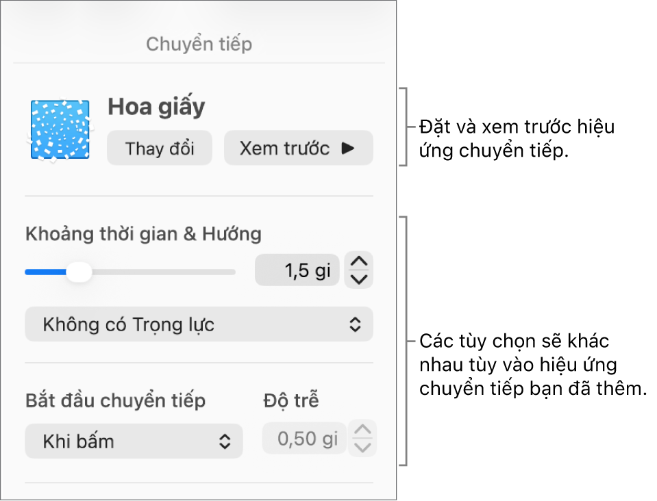 Các điều khiển Chuyển tiếp trong phần Chuyển tiếp của thanh bên.